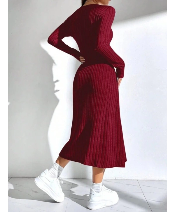 Kadın Uzun Kollu Kare Yaka Midi Kaşkorse Elbise