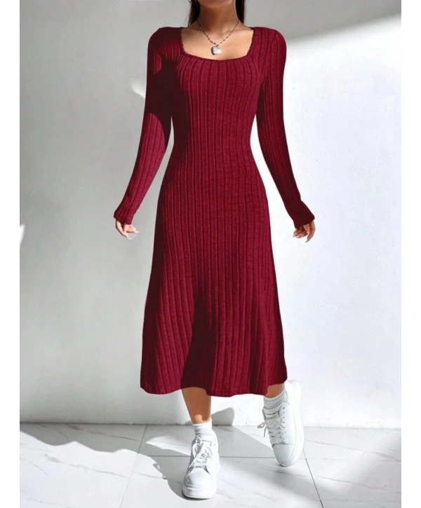 Kadın Uzun Kollu Kare Yaka Midi Kaşkorse Elbise