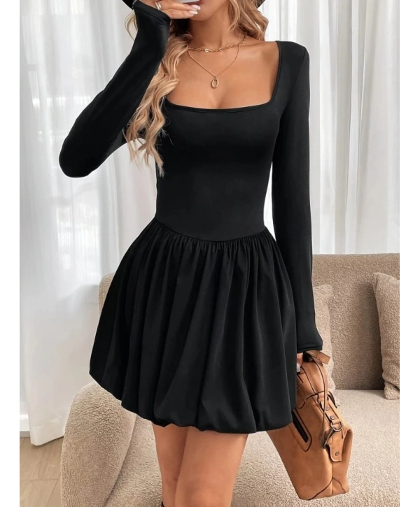 Kadın Uzun Kollu Kare Yaka Mini Balon Modal Elbise