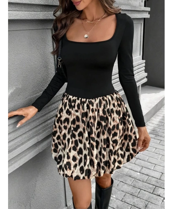 Kadın Uzun Kollu Kare Yaka Mini Balon Modal Elbise