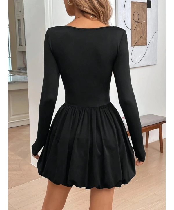 Kadın Uzun Kollu Kare Yaka Mini Balon Modal Elbise