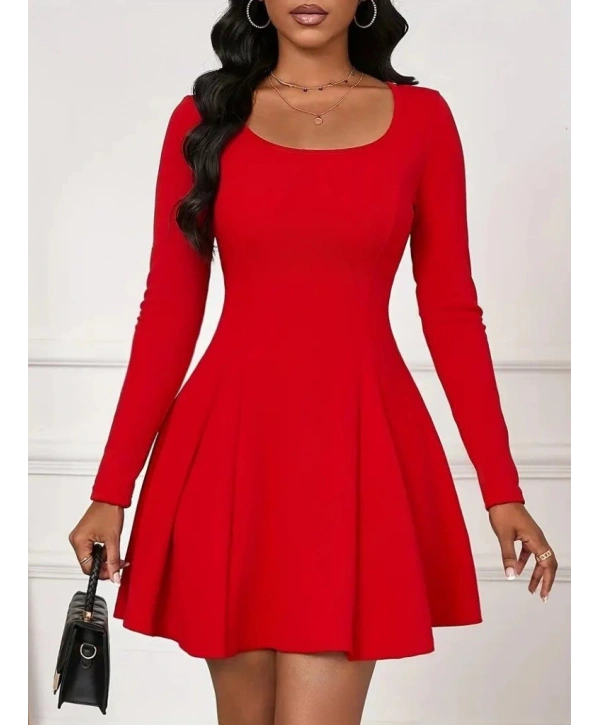 Kadın Uzun Kollu Kare Yakalı Mini Ithal Krep Elbise