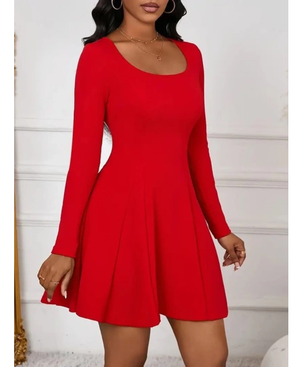 Kadın Uzun Kollu Kare Yakalı Mini Ithal Krep Elbise