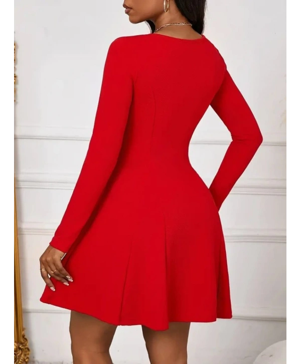 Kadın Uzun Kollu Kare Yakalı Mini Ithal Krep Elbise