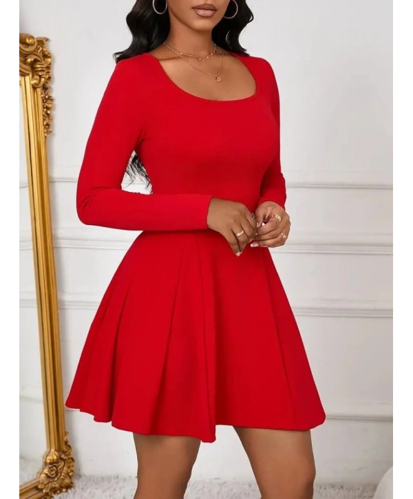 Kadın Uzun Kollu Kare Yakalı Mini Ithal Krep Elbise