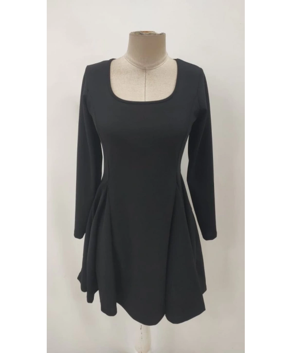 Kadın Uzun Kollu Kare Yakalı Mini Ithal Krep Elbise