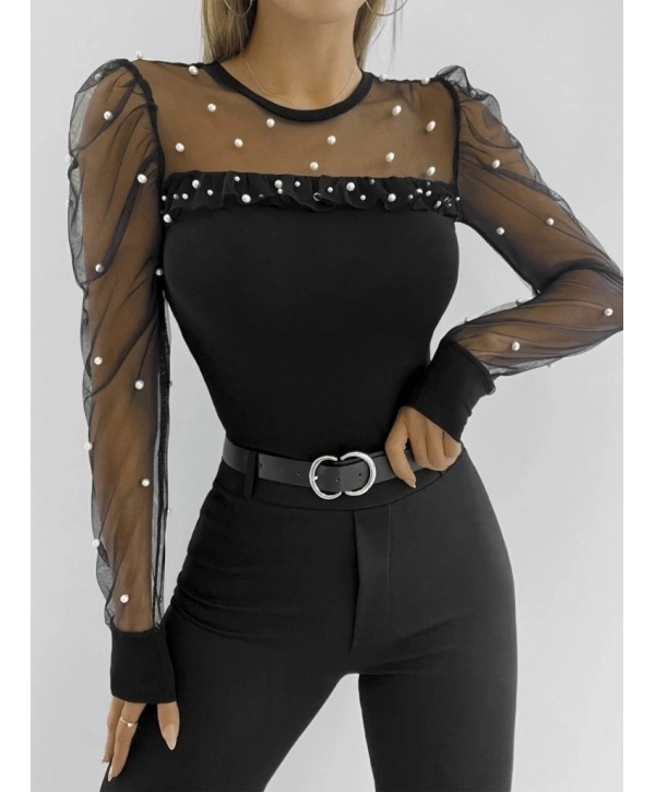 Kadın Uzun Kollu Kol Ve Yaka Tül Ve Inci Detay Viskon Bluz