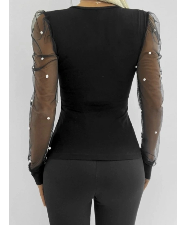 Kadın Uzun Kollu Kol Ve Yaka Tül Ve Inci Detay Viskon Bluz