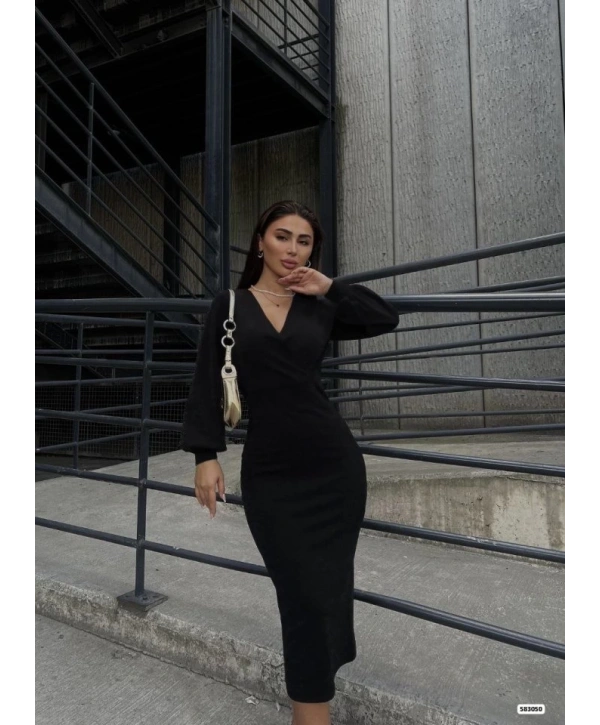 Kadın Uzun Kollu Kruvaze Yaka Büzgü Ve Balon Kol Detay Krep Kumaş Maxi Boy Elbise