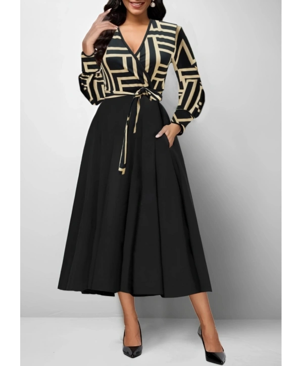 Kadın Uzun Kollu Kruvaze Yaka Dalgıç Krep Midi Boy Elbise