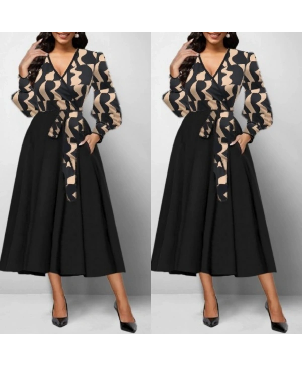 Kadın Uzun Kollu Kruvaze Yaka Dalgıç Krep Midi Boy Elbise