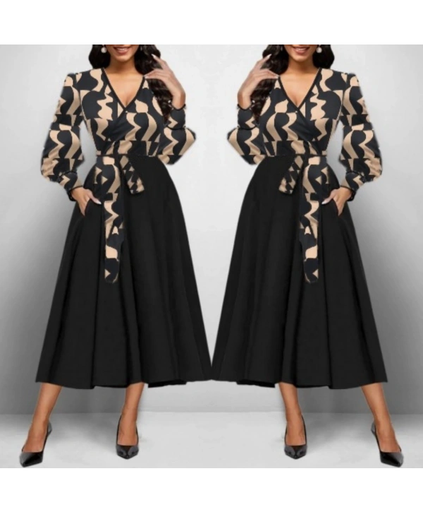 Kadın Uzun Kollu Kruvaze Yaka Dalgıç Krep Midi Boy Elbise