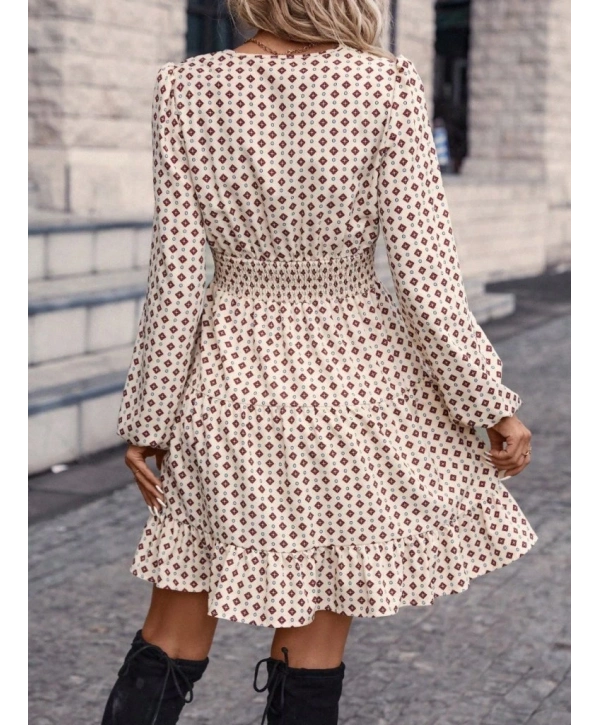 Kadın Uzun Kollu Kruvaze Yaka Desenli Mini Modal Elbise