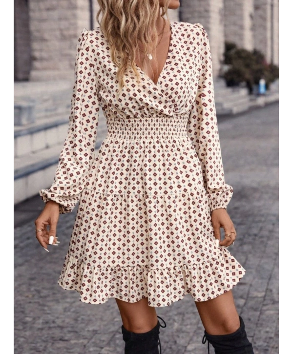 Kadın Uzun Kollu Kruvaze Yaka Desenli Mini Modal Elbise