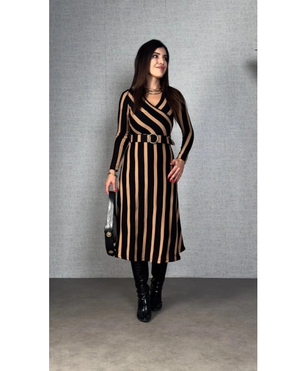 Kadın Uzun Kollu Kruvaze Yaka Kemer Dahil çizgili Triko Elbise