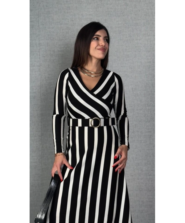 Kadın Uzun Kollu Kruvaze Yaka Kemer Dahil çizgili Triko Elbise