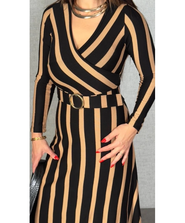 Kadın Uzun Kollu Kruvaze Yaka Kemer Dahil çizgili Triko Elbise