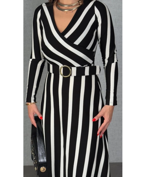 Kadın Uzun Kollu Kruvaze Yaka Kemer Dahil çizgili Triko Elbise