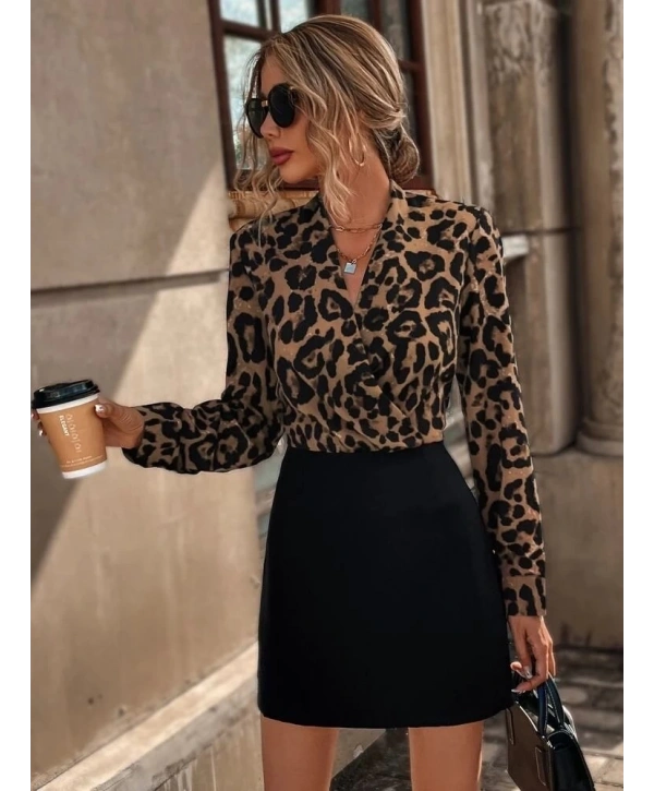 Kadın Uzun Kollu Kruvaze Yaka Krep Mini Boy Elbise