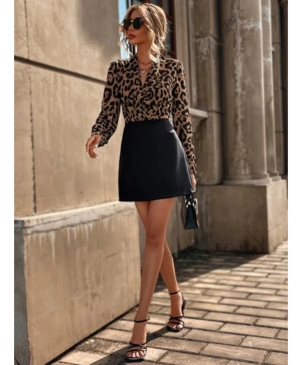 Kadın Uzun Kollu Kruvaze Yaka Krep Mini Boy Elbise