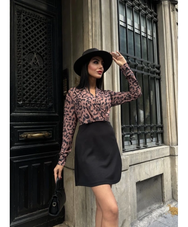 Kadın Uzun Kollu Kruvaze Yaka Krep Mini Boy Elbise