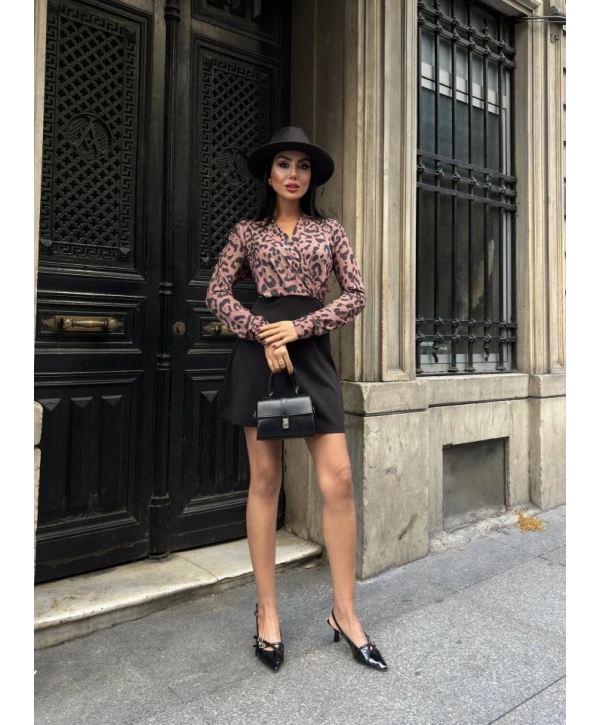 Kadın Uzun Kollu Kruvaze Yaka Krep Mini Boy Elbise