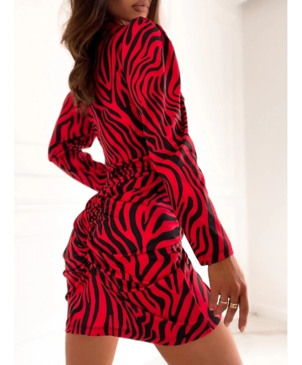 Kadın Uzun Kollu Kruvaze Yaka ön Kısım Büzgülü Dalgıç Mini Boy Elbise