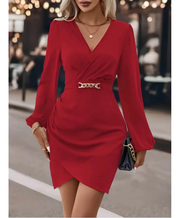 Kadın Uzun Kollu Kruvaze Yaka önden Asimetrik Detay Kısa Krep Elbise