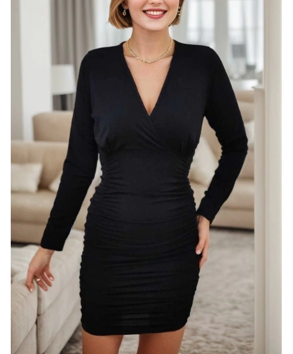 Kadın Uzun Kollu Kruvaze Yaka Sandy Mini Elbise