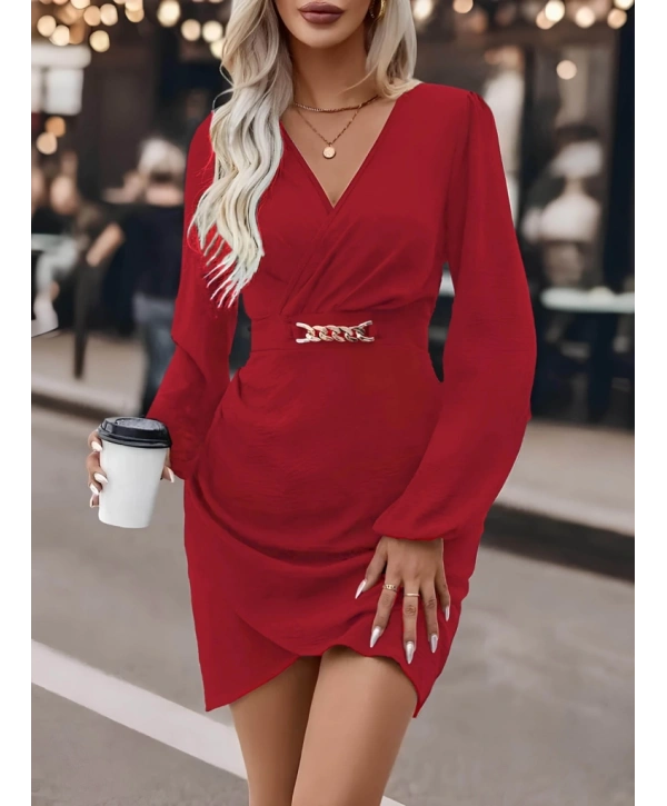 Kadın Uzun Kollu Kruvaze Yaka Yandan Büzgülü Asimetrik Detaylı Ithal Krep Mini Elbise