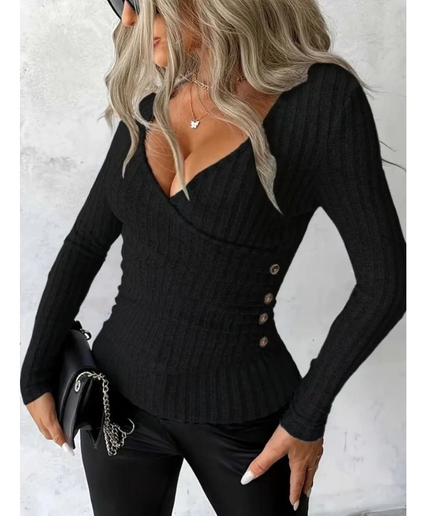 Kadın Uzun Kollu Kruvaze Yaka Yandan Düğme Detaylı şardonlu Kaşkorse Bluz