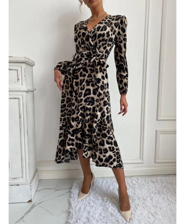 Kadın Uzun Kollu Kruvaze Yakalı Belden Kuşaklı Leopar