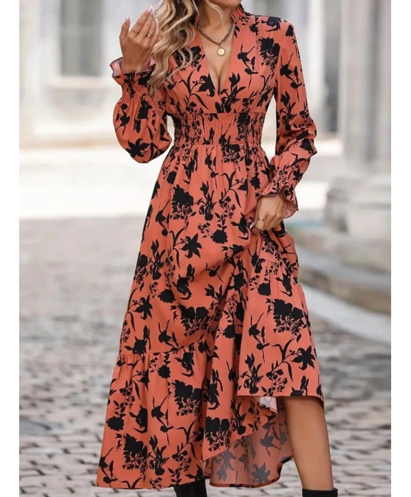 Kadın Uzun Kollu Kruvaze Yakalı çiçek Desenli Maksi Süprem Elbise