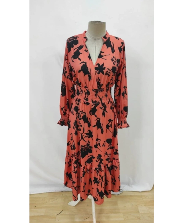 Kadın Uzun Kollu Kruvaze Yakalı çiçek Desenli Maksi Süprem Elbise