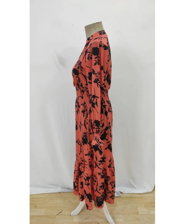 Kadın Uzun Kollu Kruvaze Yakalı çiçek Desenli Maksi Süprem Elbise