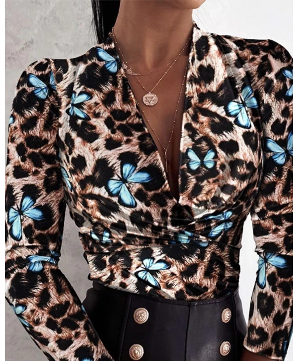 Kadın Uzun Kollu Kruvaze Yakalı Kelebek Desenli şardonlu Dalgıç Bluz