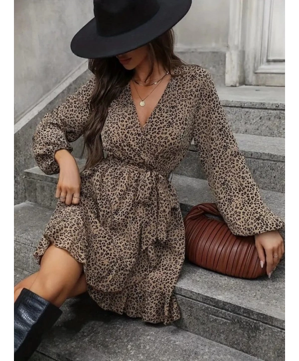 Kadın Uzun Kollu Kruvaze Yakalı Kuşaklı Desenli Kısa Modal Mini Elbise