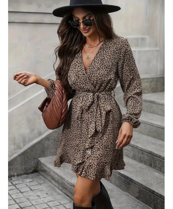 Kadın Uzun Kollu Kruvaze Yakalı Kuşaklı Desenli Kısa Modal Mini Elbise