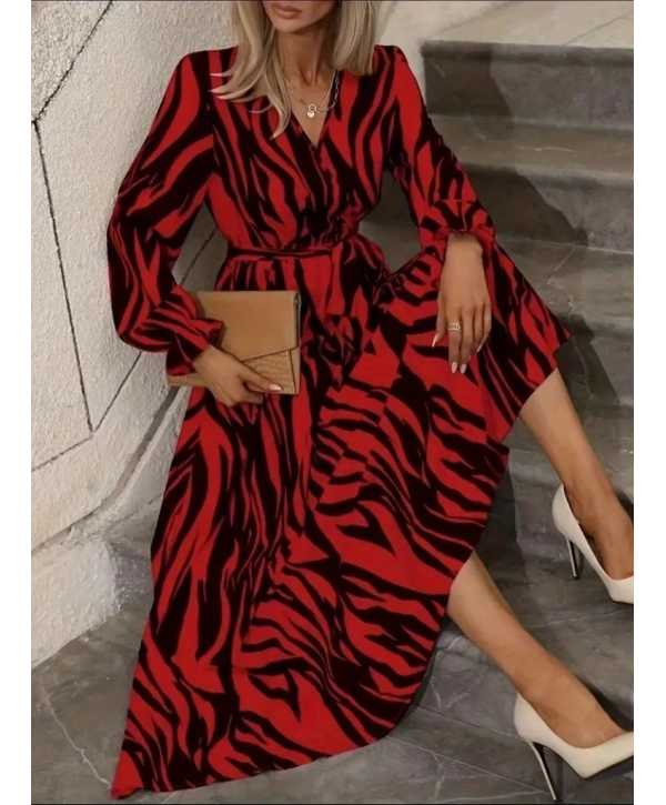 Kadın Uzun Kollu Kruvaze Yakalı Kuşaklı Zebra Desenli Süprem Maxi Elbise