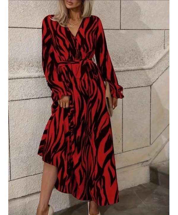 Kadın Uzun Kollu Kruvaze Yakalı Kuşaklı Zebra Desenli Süprem Maxi Elbise