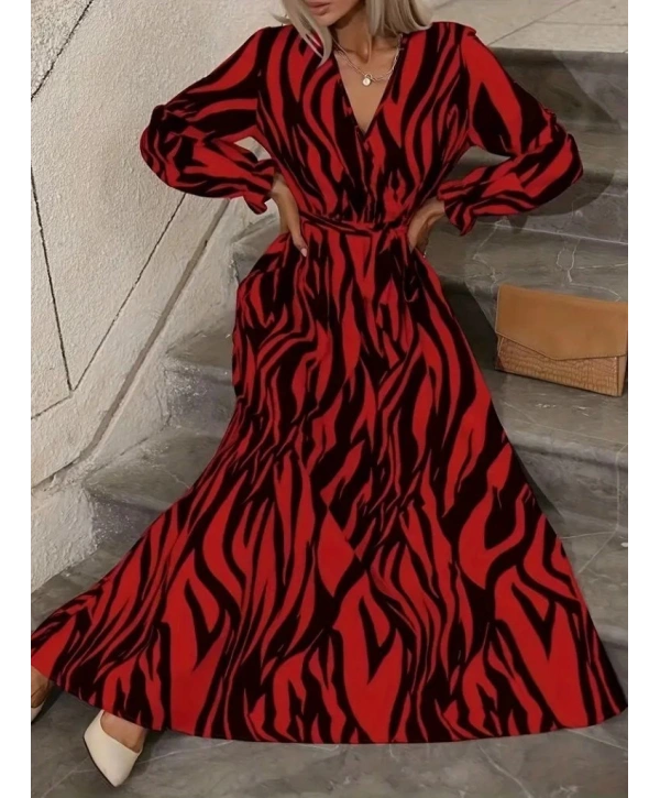 Kadın Uzun Kollu Kruvaze Yakalı Kuşaklı Zebra Desenli Süprem Maxi Elbise