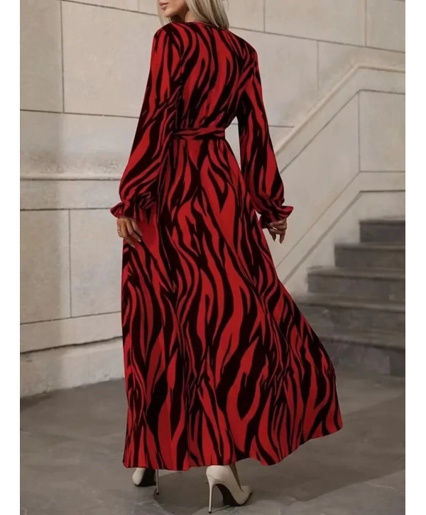 Kadın Uzun Kollu Kruvaze Yakalı Kuşaklı Zebra Desenli Süprem Maxi Elbise