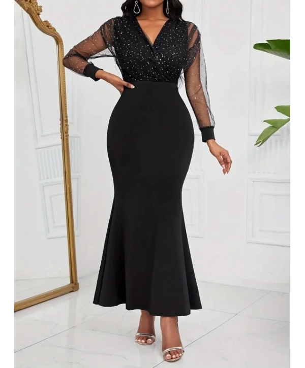 Kadın Uzun Kollu Kruvaze Yakalı Taş Ve Tül Detaylı Uzun Ithal Krep Elbise