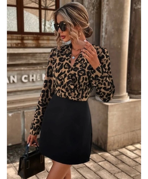 Kadın Uzun Kollu Kruvaze Yakalı üst Dalgıç Alt Ithal Krep Mini Elbise