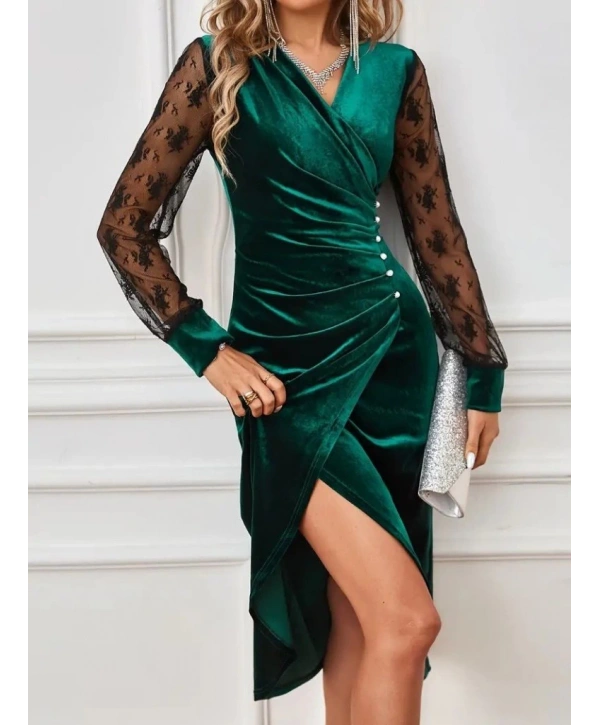 Kadın Uzun Kollu Kruvaze Yakalı Yandan Düğmeli önden çapraz Kesin Detaylı Midi Kadife Elbise