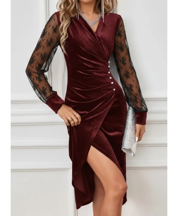 Kadın Uzun Kollu Kruvaze Yakalı Yandan Düğmeli önden çapraz Kesin Detaylı Midi Kadife Elbise
