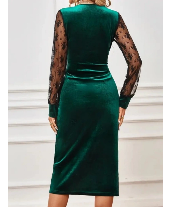 Kadın Uzun Kollu Kruvaze Yakalı Yandan Düğmeli önden çapraz Kesin Detaylı Midi Kadife Elbise