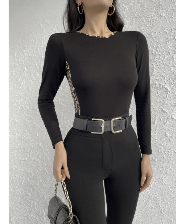 Kadın Uzun Kollu Leopar şeritli Viskon Bluz