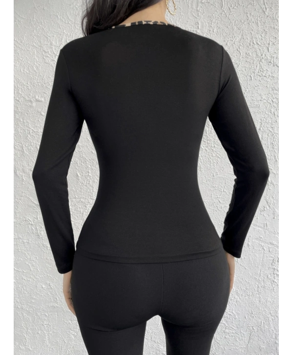 Kadın Uzun Kollu Leopar şeritli Viskon Bluz