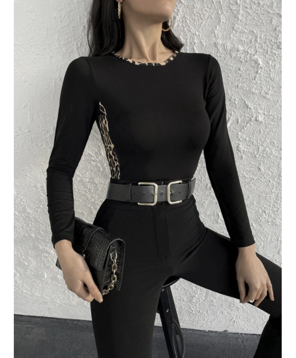 Kadın Uzun Kollu Leopar şeritli Viskon Bluz